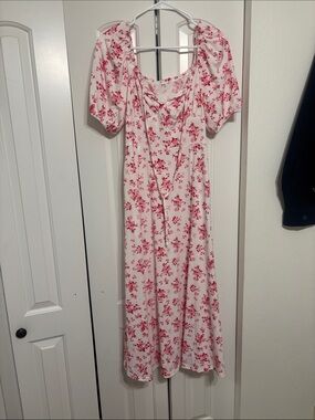 Floral Puff-Sleeve Midi Dress - Pink Floral